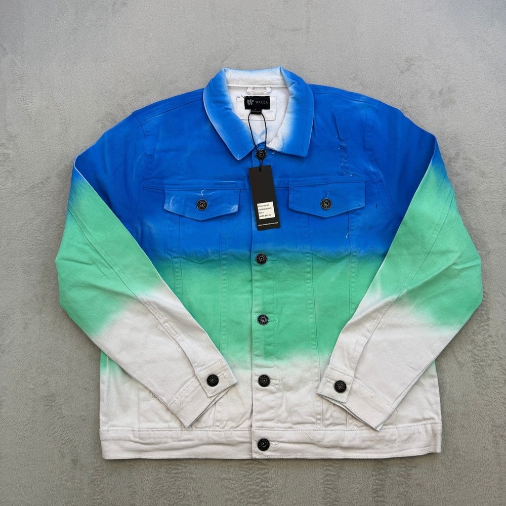 Waimea Denim Jacket Mens Medium Blue Green White Ombre Distressed Streetwear New
